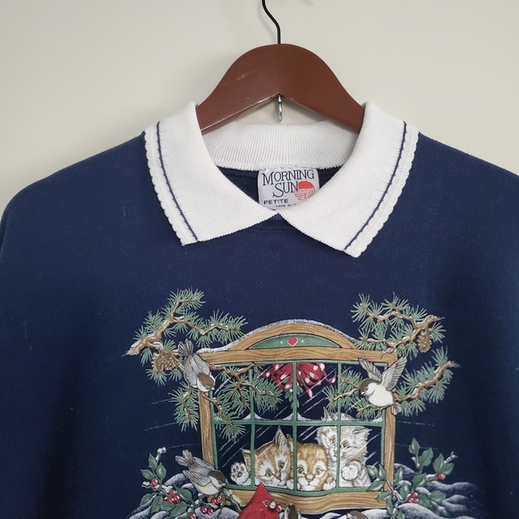Vintage Morning Sun Collared Sweatshirt Women's LP Blue Cats And Birds - Picture 2 of 11